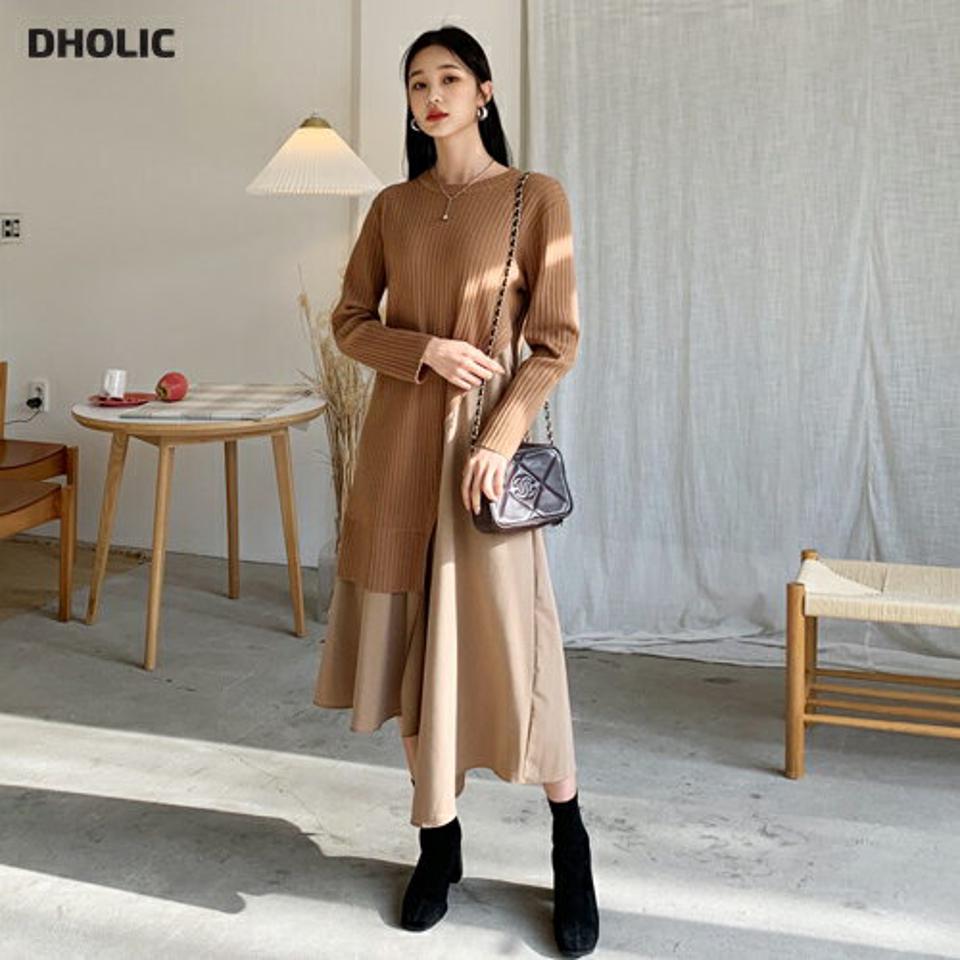 フレアコントラストワンピース・全1色・e62283 レディース 【ops】【韓国 ファッション ワンピース ロング フレア Aライン 長袖 リブニット 異素材ミックス ルーズ ゆったり 体型カバー ユニーク 上品 アシメ アシンメトリー カジュアル 秋 冬】