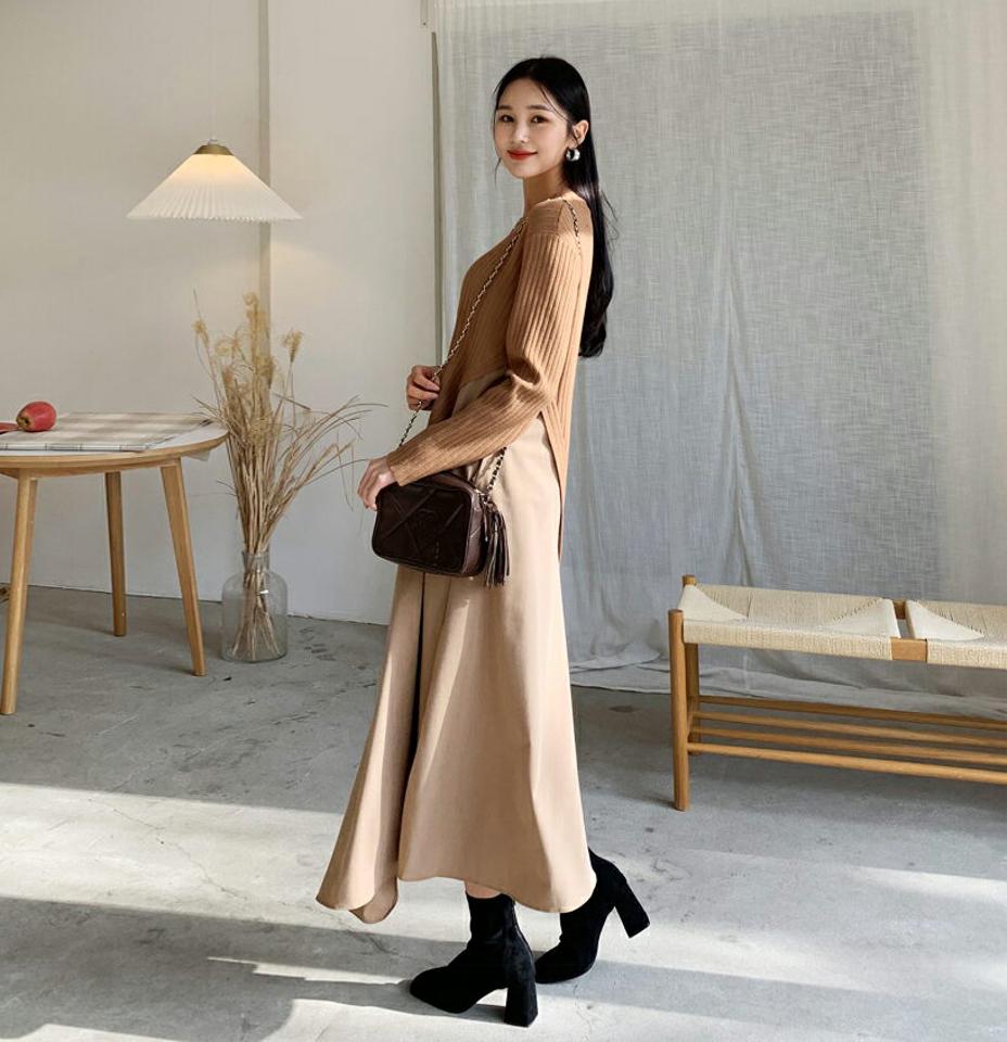 フレアコントラストワンピース・全1色・e62283 レディース 【ops】【韓国 ファッション ワンピース ロング フレア Aライン 長袖 リブニット 異素材ミックス ルーズ ゆったり 体型カバー ユニーク 上品 アシメ アシンメトリー カジュアル 秋 冬】