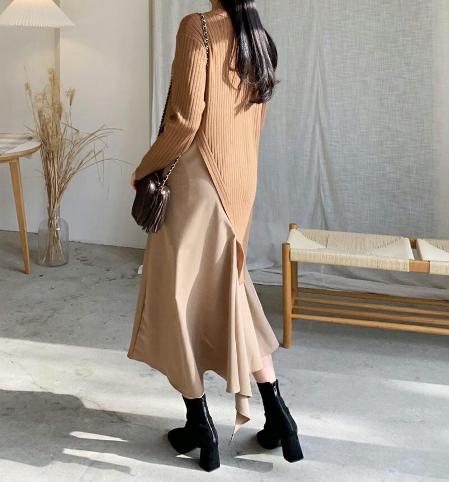 フレアコントラストワンピース・全1色・e62283 レディース 【ops】【韓国 ファッション ワンピース ロング フレア Aライン 長袖 リブニット 異素材ミックス ルーズ ゆったり 体型カバー ユニーク 上品 アシメ アシンメトリー カジュアル 秋 冬】