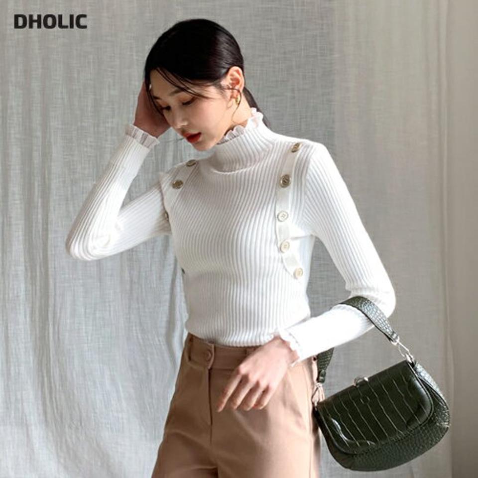 フリルフェイクボタンニット・全3色・b62279 レディース 【tops】【韓国 ファッション トップス ニット ハイネック フリルネック レースネック 長袖 リブニット ユニーク スリム タイト 細身 無地 カジュアル 秋 冬】