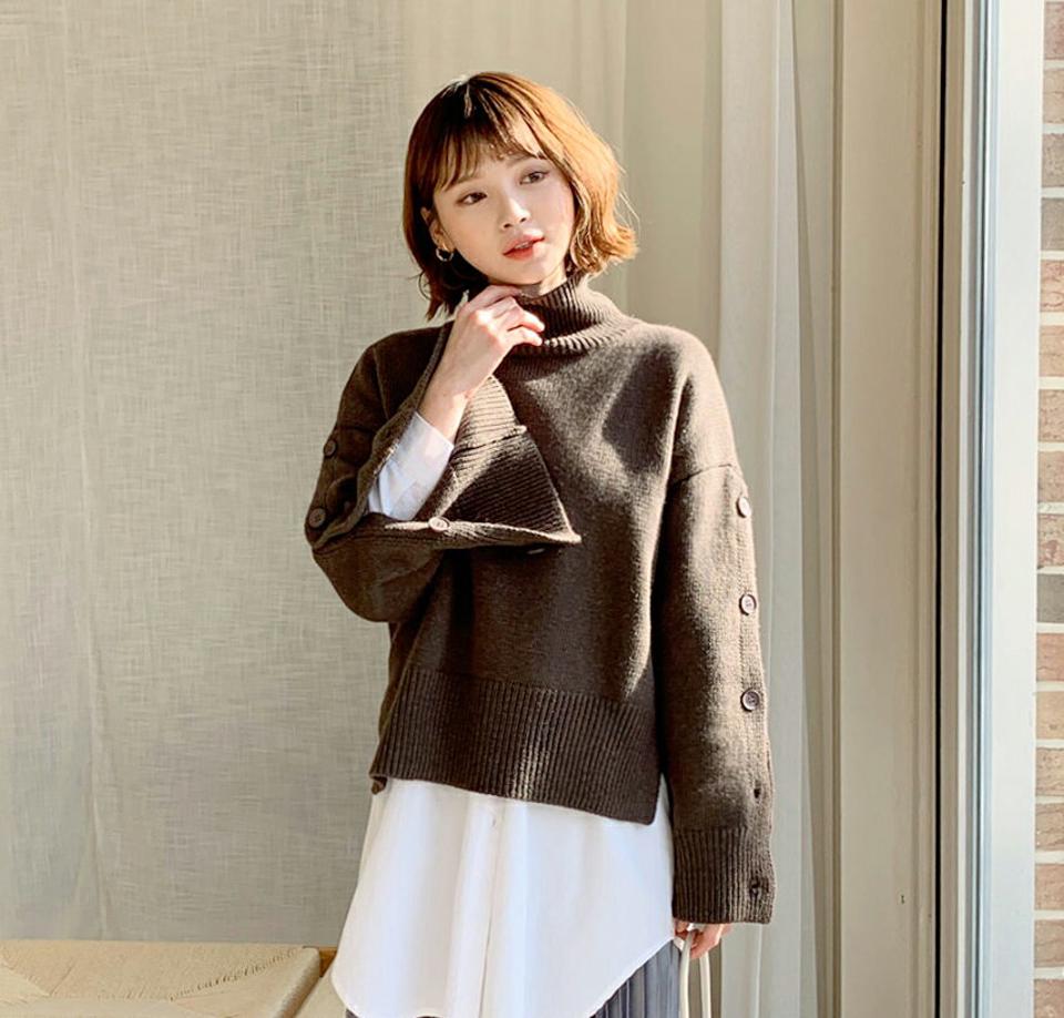 ボタンスリーブニット・全5色・b62281 レディース 【tops】【韓国 ファッション トップス ニット ハイネック タートルネック 長袖 ロングスリーブ スリットスリーブ 無地 ハイゲージ ルーズ ゆったり オーバーサイズ カジュアル 秋 冬】