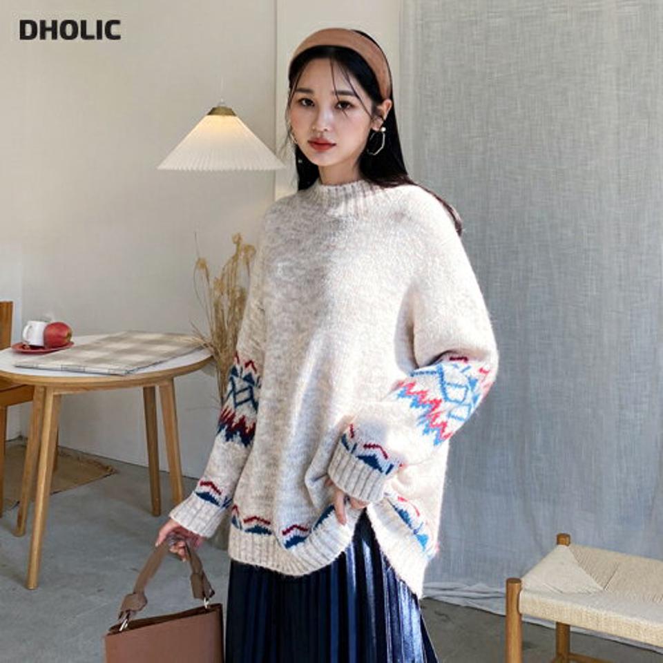 ノルディックポイントニット・全3色・b62276 レディース 【tops】【韓国 ファッション トップス ニット ラウンドネック 長袖 パターン 柄 北欧 クリスマス ルーズ ユニーク オーバーサイズ 体型カバー お尻カバー ロング カジュアル 秋 冬】