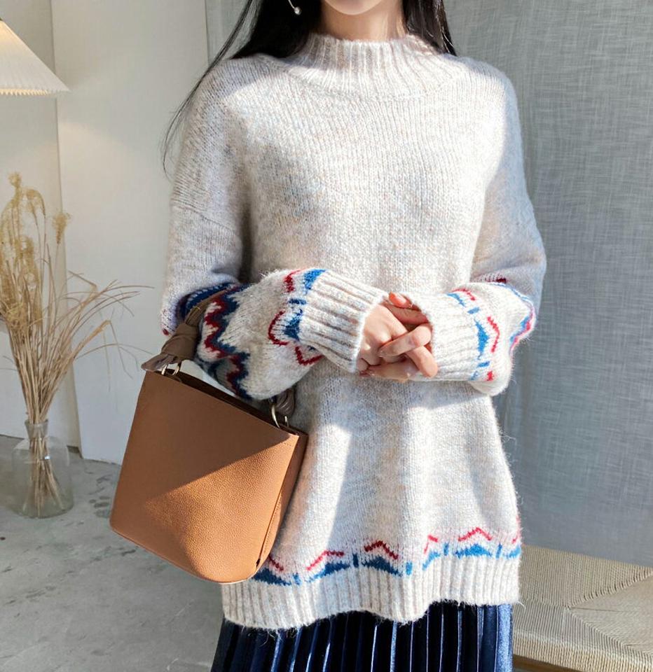 ノルディックポイントニット・全3色・b62276 レディース 【tops】【韓国 ファッション トップス ニット ラウンドネック 長袖 パターン 柄 北欧 クリスマス ルーズ ユニーク オーバーサイズ 体型カバー お尻カバー ロング カジュアル 秋 冬】