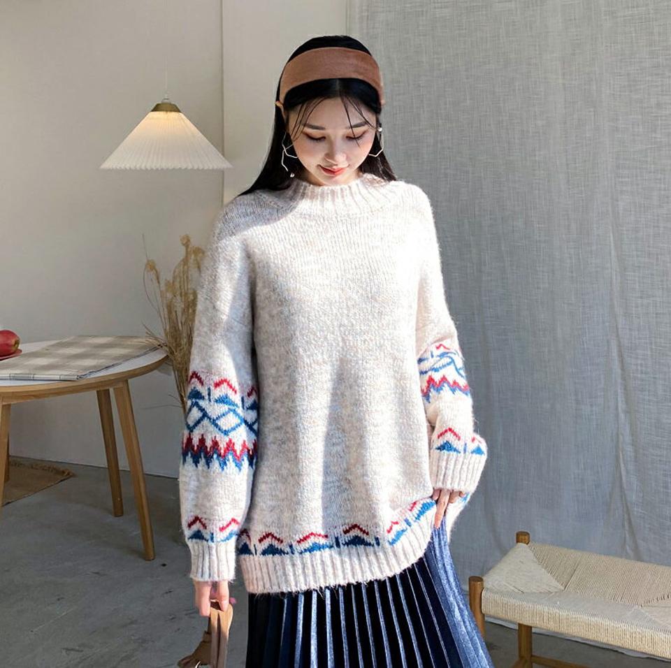 ノルディックポイントニット・全3色・b62276 レディース 【tops】【韓国 ファッション トップス ニット ラウンドネック 長袖 パターン 柄 北欧 クリスマス ルーズ ユニーク オーバーサイズ 体型カバー お尻カバー ロング カジュアル 秋 冬】