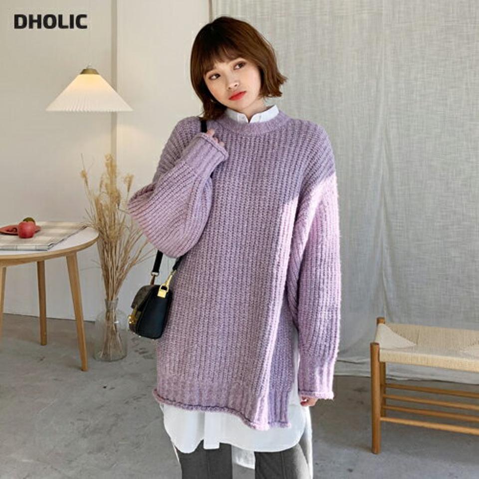グリッターロールヘムニット・全5色・62275 レディース 【tops】【韓国 ファッション トップス ニット ラウンドネック 長袖 ローゲージ ざっくりニット ざっくり編み ルーズ ゆったり オーバーサイズ 体型カバー お尻カバー ロング カジュアル 秋 冬】