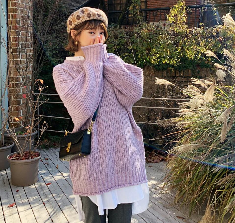 グリッターロールヘムニット・全5色・62275 レディース 【tops】【韓国 ファッション トップス ニット ラウンドネック 長袖 ローゲージ ざっくりニット ざっくり編み ルーズ ゆったり オーバーサイズ 体型カバー お尻カバー ロング カジュアル 秋 冬】