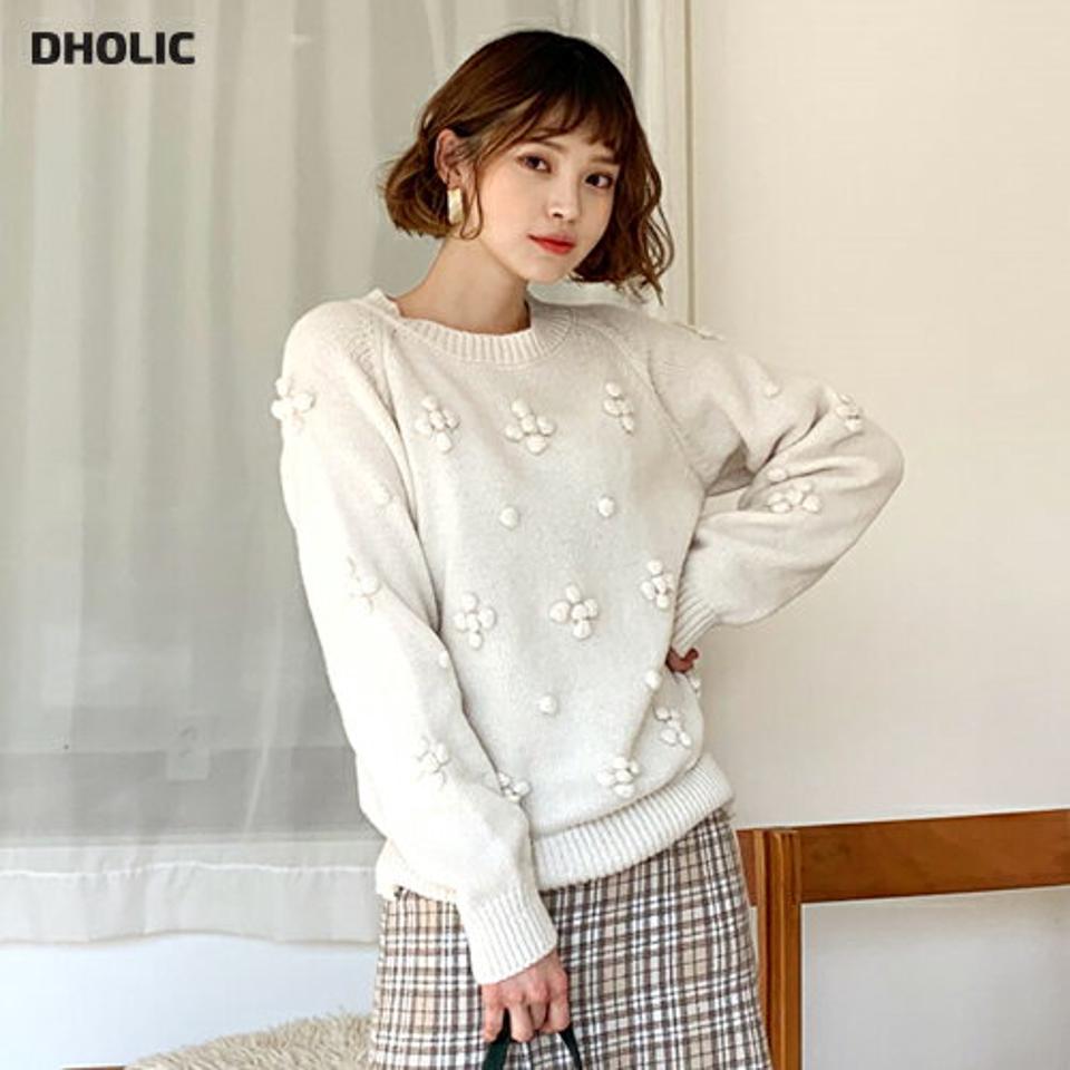 ポンポンラウンドニット・全2色・b62274 レディース 【tops】【韓国 ファッション トップス ニット ラウンドネック 長袖 ルーズ ゆったり テクスチャー もちもち もっちり ガーリー カジュアル 秋 冬】