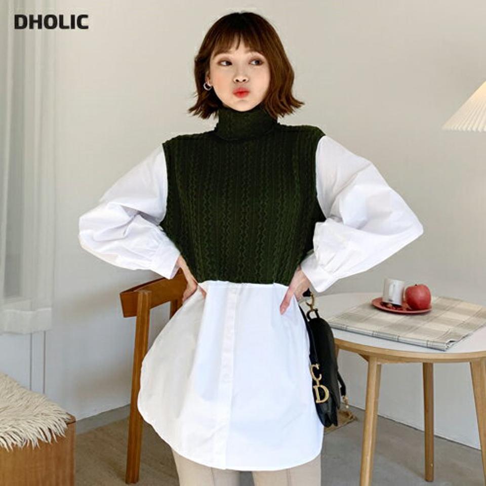 タートルコントラストTシャツ・全3色・b62272 レディース 【tops】【韓国 ファッション トップス Tシャツ カットソー ニット タートルネック ハイネック パフスリーブ ボリューム袖 ぼわん袖 ロング ロンT体型カバー ニット アラン編み カジュアル 秋 冬】
