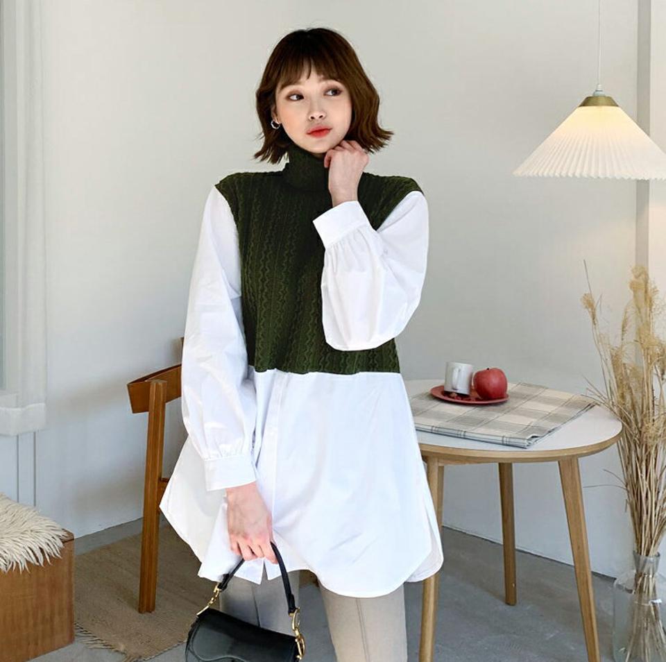 タートルコントラストTシャツ・全3色・b62272 レディース 【tops】【韓国 ファッション トップス Tシャツ カットソー ニット タートルネック ハイネック パフスリーブ ボリューム袖 ぼわん袖 ロング ロンT体型カバー ニット アラン編み カジュアル 秋 冬】
