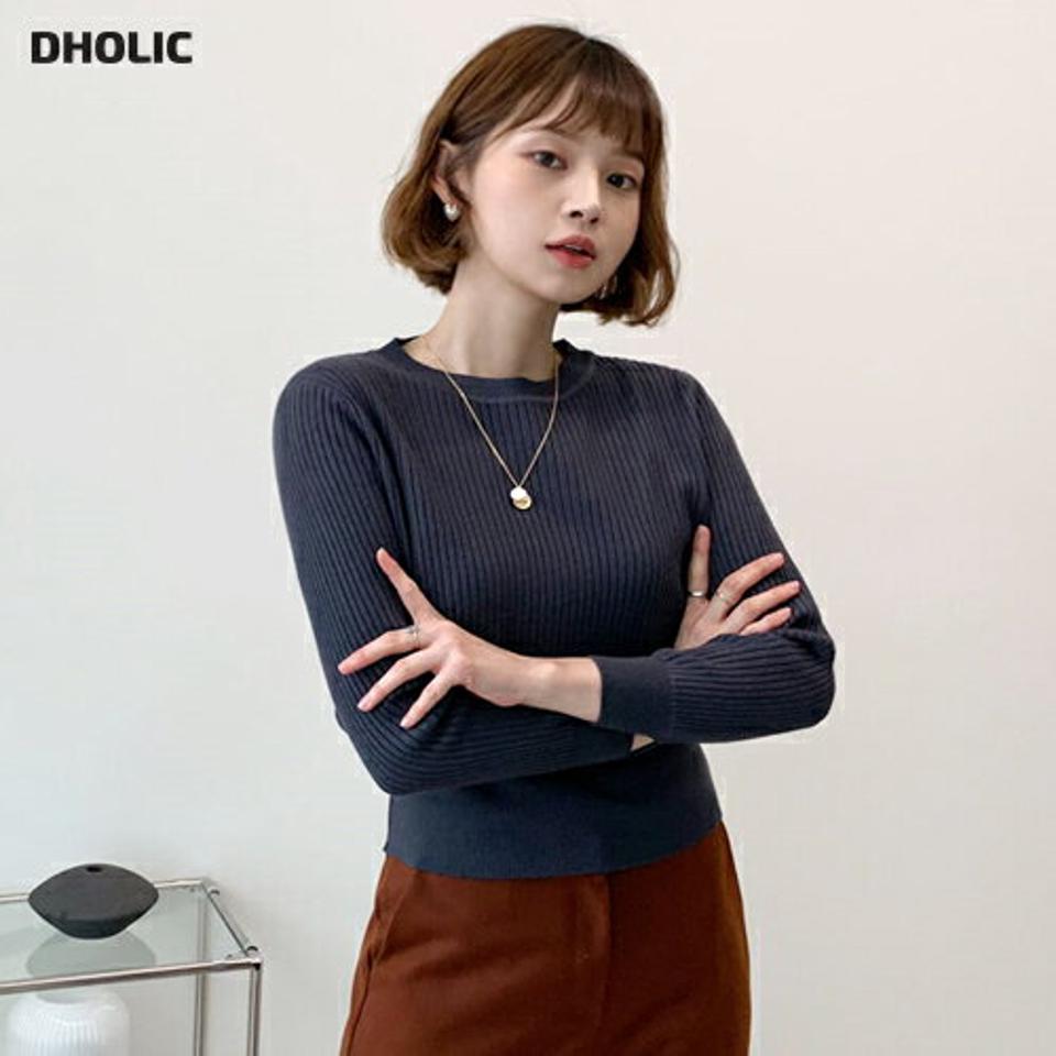 リブラウンドニット・全4色・t56464 レディース 【tops】【韓国 ファッション トップス ニット ラウンドネック リブニット 長袖 無地 ショート丈 ショート スリム 細身 大人 カジュアル 秋 冬】