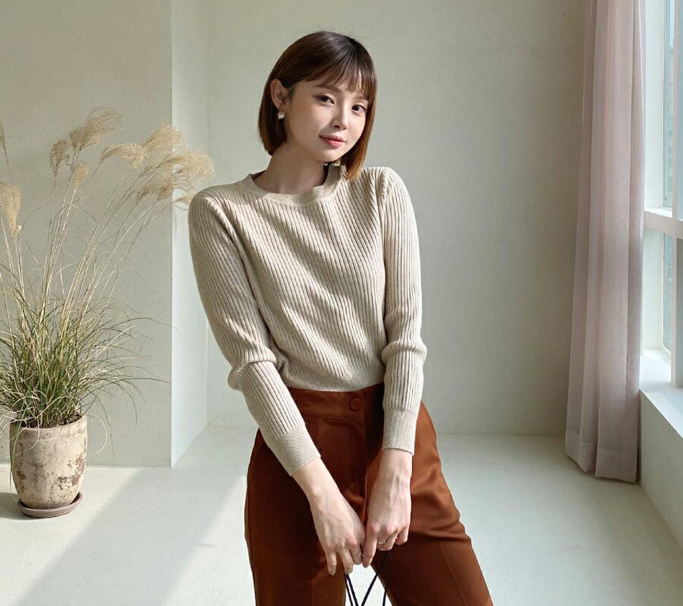 リブラウンドニット・全4色・t56464 レディース 【tops】【韓国 ファッション トップス ニット ラウンドネック リブニット 長袖 無地 ショート丈 ショート スリム 細身 大人 カジュアル 秋 冬】