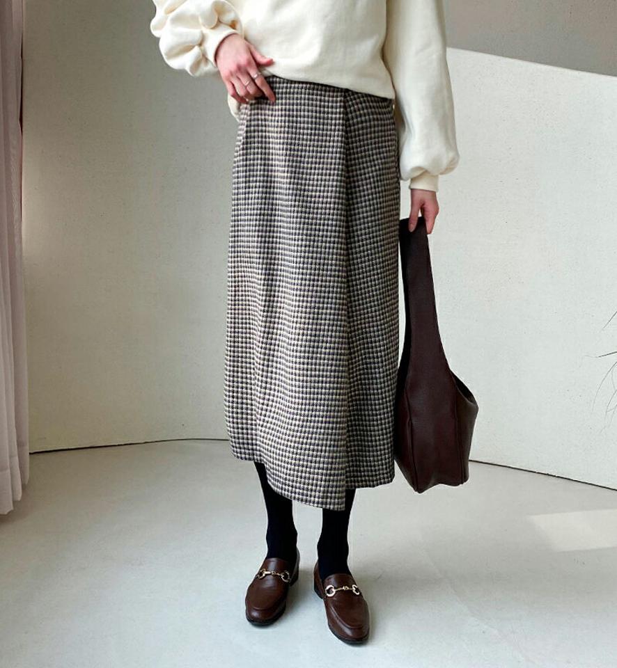 2TYPEラップスカート・全2色・b56501 レディース 【sk】【韓国 ファッション ボトムス スカート ロング Aライン フレア ラップスカート パターン 柄 無地 ギンガムチェック ナチュラル カジュアル 秋 冬】