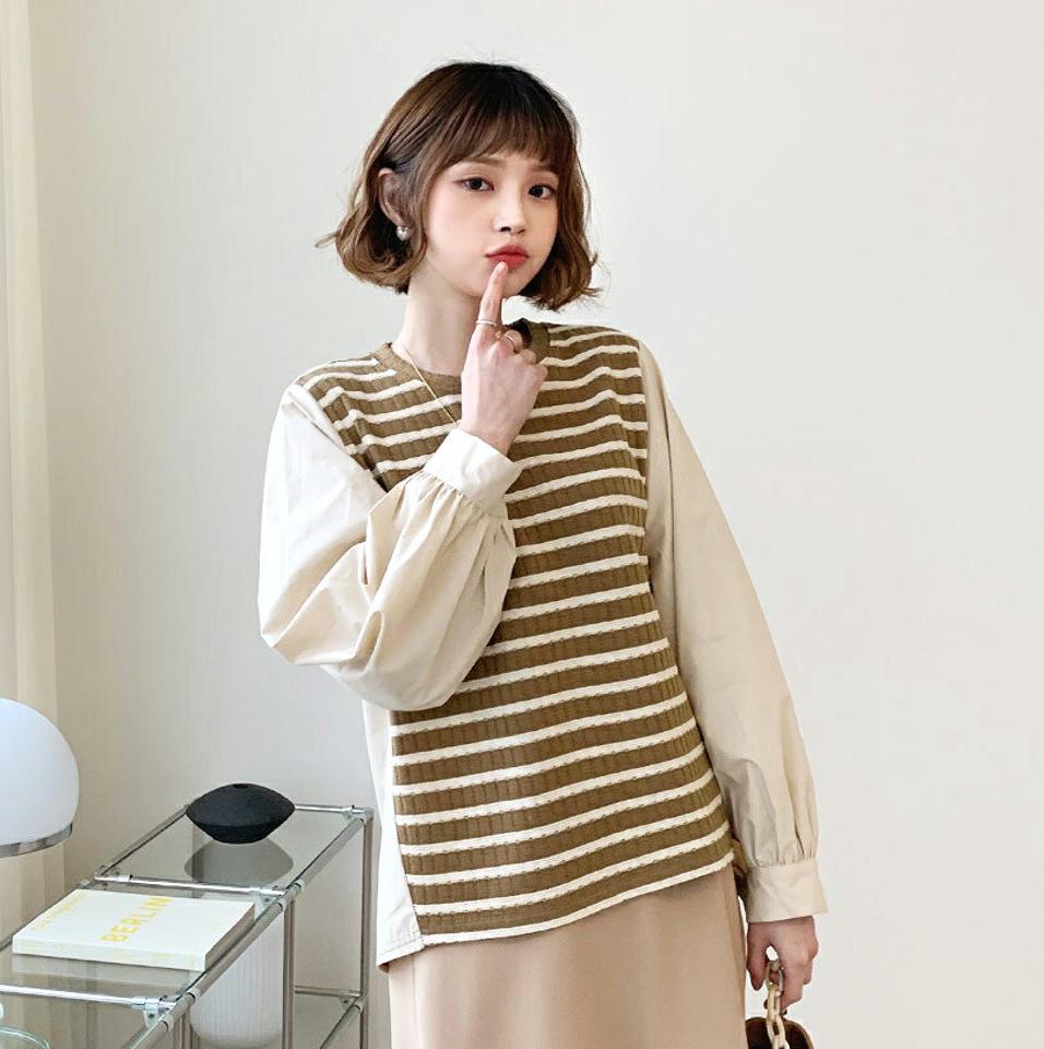 ボーダーコントラストニット・全2色・b56466 レディース 【tops】【韓国 ファッション トップス ニット ラウンドネック 長袖 切替 異素材ミックス ユニーク ルーズ ゆったり カジュアル 秋 冬】