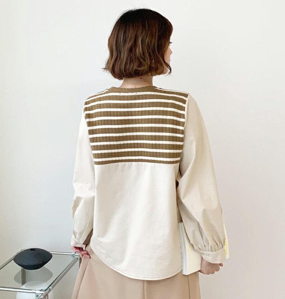 ボーダーコントラストニット・全2色・b56466 レディース 【tops】【韓国 ファッション トップス ニット ラウンドネック 長袖 切替 異素材ミックス ユニーク ルーズ ゆったり カジュアル 秋 冬】