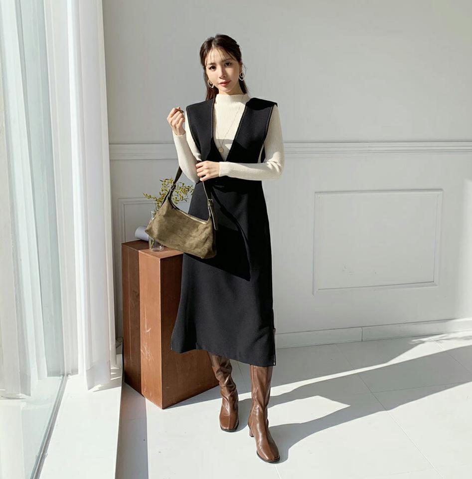 ステッチノースリワンピース・全2色・t65762 レディース 【ops】【ワンピース ロング ロングワンピース スリーブレス ノースリーブ ステッチ 単色 無地 シンプル 大人 レイヤード 秋 冬 韓国 ファッション】【ハイホリHIHOLLI】