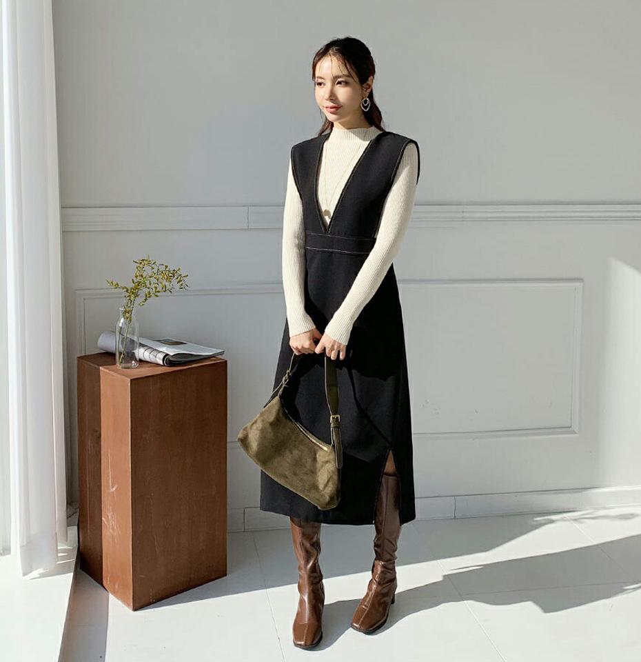 ステッチノースリワンピース・全2色・t65762 レディース 【ops】【ワンピース ロング ロングワンピース スリーブレス ノースリーブ ステッチ 単色 無地 シンプル 大人 レイヤード 秋 冬 韓国 ファッション】【ハイホリHIHOLLI】