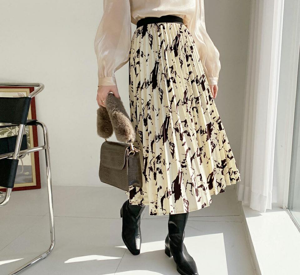 パターンプリーツスカート・全2色・b65780 レディース 【sk】【スカート ロング ロングスカート プリーツ プリーツスカート 総柄 ウエストゴム 揺れ感 ペイント 大人 モダン シック モード 秋 冬 韓国 ファッション】【ハイホリHIHOLLI】
