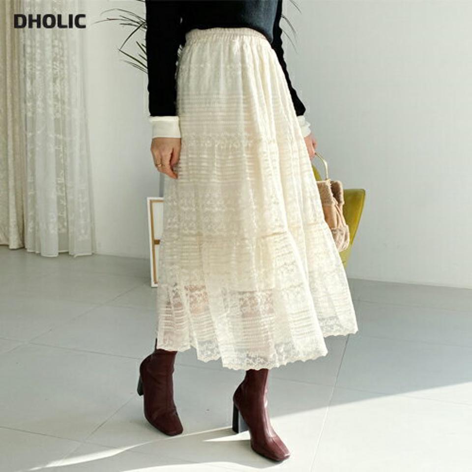 ティアードレーススカート・全2色・b65783 レディース 【sk】【スカート ロング ロングスカート 透け感 シアー レース 総レース シースルー ティアード 可愛い かわいい ガーリー ウエストゴム 春 秋 冬 韓国 ファッション】【ハイホリHIHOLLI】