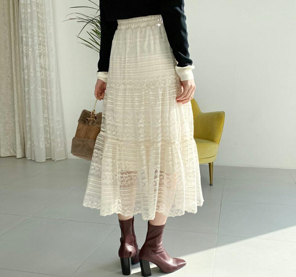 ティアードレーススカート・全2色・b65783 レディース 【sk】【スカート ロング ロングスカート 透け感 シアー レース 総レース シースルー ティアード 可愛い かわいい ガーリー ウエストゴム 春 秋 冬 韓国 ファッション】【ハイホリHIHOLLI】