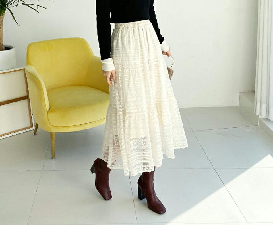 ティアードレーススカート・全2色・b65783 レディース 【sk】【スカート ロング ロングスカート 透け感 シアー レース 総レース シースルー ティアード 可愛い かわいい ガーリー ウエストゴム 春 秋 冬 韓国 ファッション】【ハイホリHIHOLLI】