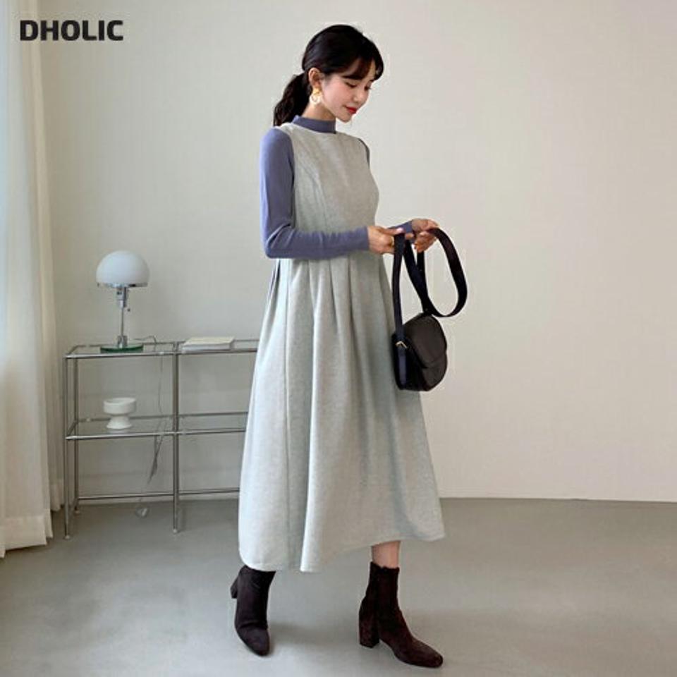 ヘリンボーンワンピース・全2色・b56498 レディース 【ops】【韓国 ファッション ワンピース ロング フレア Aライン スリーブレス 無地 ルーズ ゆったり 体型カバー マタニティ ラウンドネック カジュアル 秋 冬】