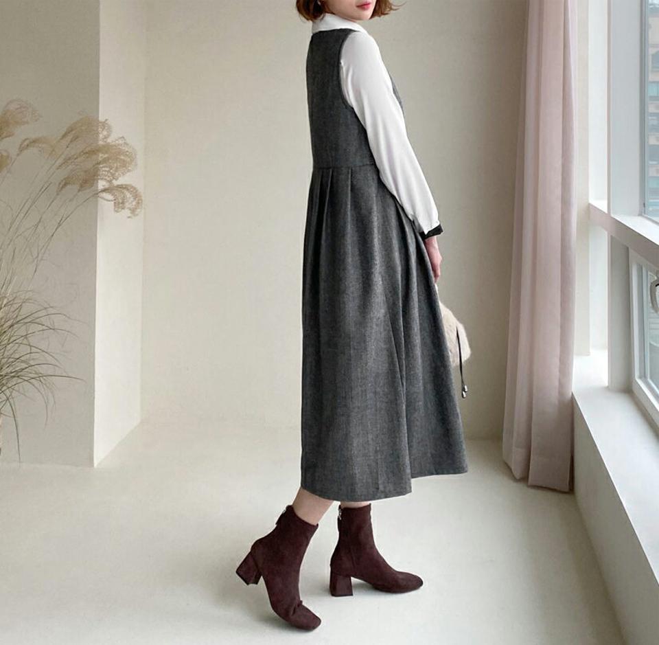 ヘリンボーンワンピース・全2色・b56498 レディース 【ops】【韓国 ファッション ワンピース ロング フレア Aライン スリーブレス 無地 ルーズ ゆったり 体型カバー マタニティ ラウンドネック カジュアル 秋 冬】