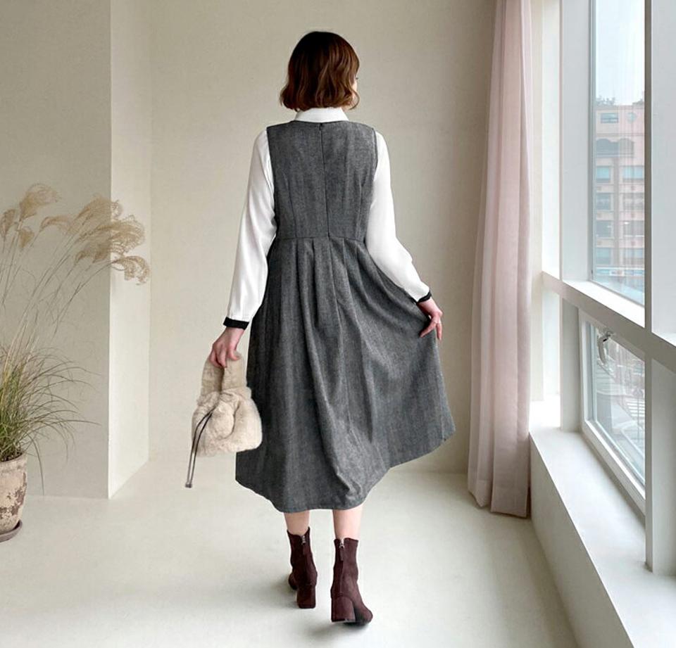ヘリンボーンワンピース・全2色・b56498 レディース 【ops】【韓国 ファッション ワンピース ロング フレア Aライン スリーブレス 無地 ルーズ ゆったり 体型カバー マタニティ ラウンドネック カジュアル 秋 冬】