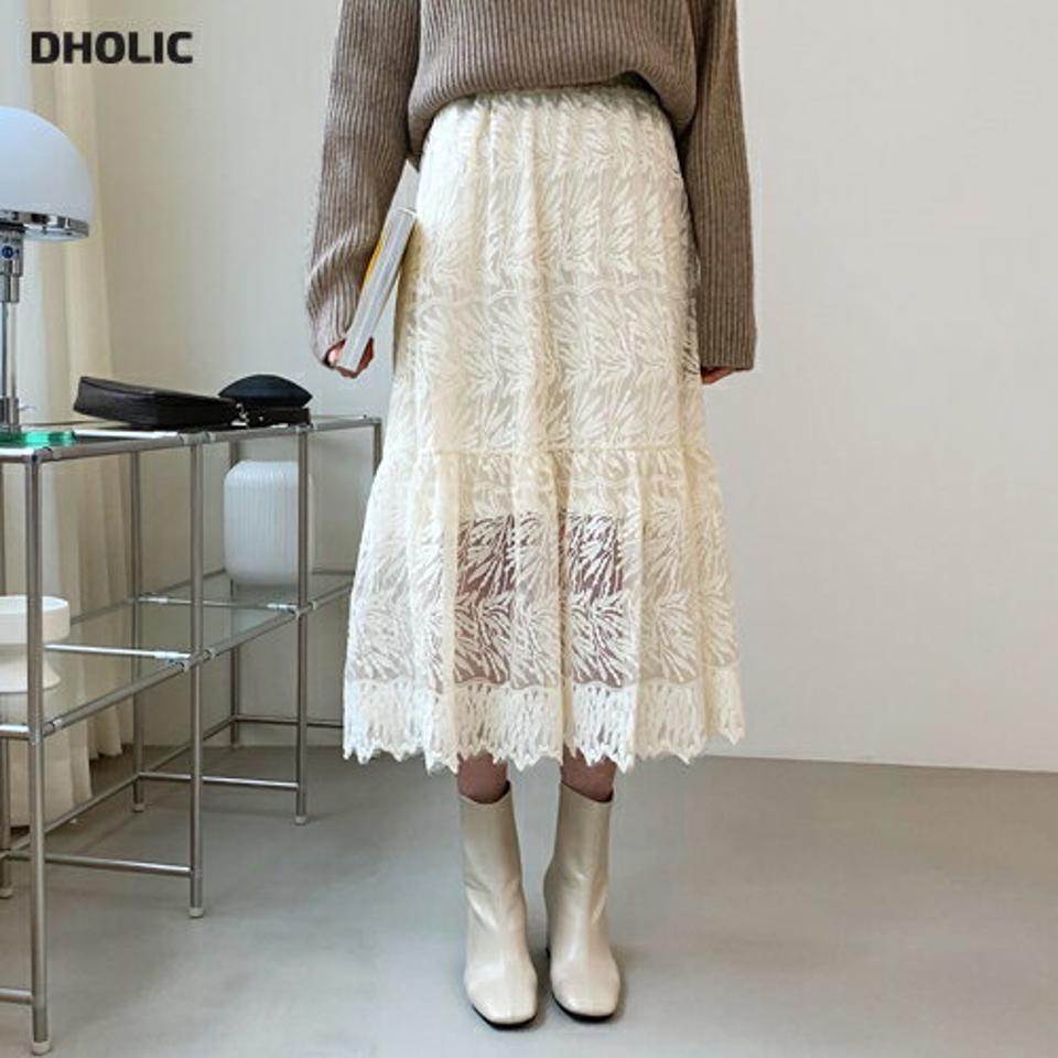 裏起毛刺繍レーススカート・全2色・b56485 レディース 【sk】【韓国 ファッション ボトムス スカート ロング Aライン フレア ウエストゴム 総レース オールレース 透け感 透ける シースルー シアー きれいめ カジュアル 秋 冬】