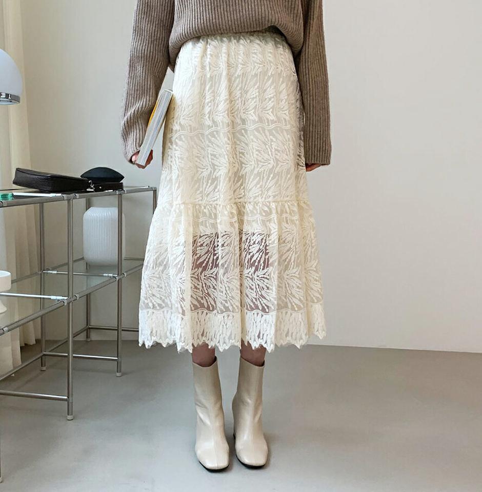 裏起毛刺繍レーススカート・全2色・b56485 レディース 【sk】【韓国 ファッション ボトムス スカート ロング Aライン フレア ウエストゴム 総レース オールレース 透け感 透ける シースルー シアー きれいめ カジュアル 秋 冬】