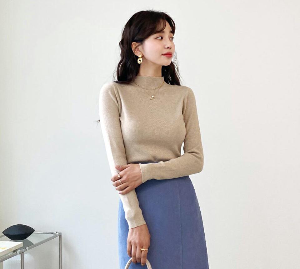 ハーフネックニット・全5色・t56463 レディース 【tops】韓国ファッション トップス ニット ハーフネック モックネック 長袖 ロングスリーブ スリム 細身 タイト 無地 リブニット シンプル カジュアル 秋 冬