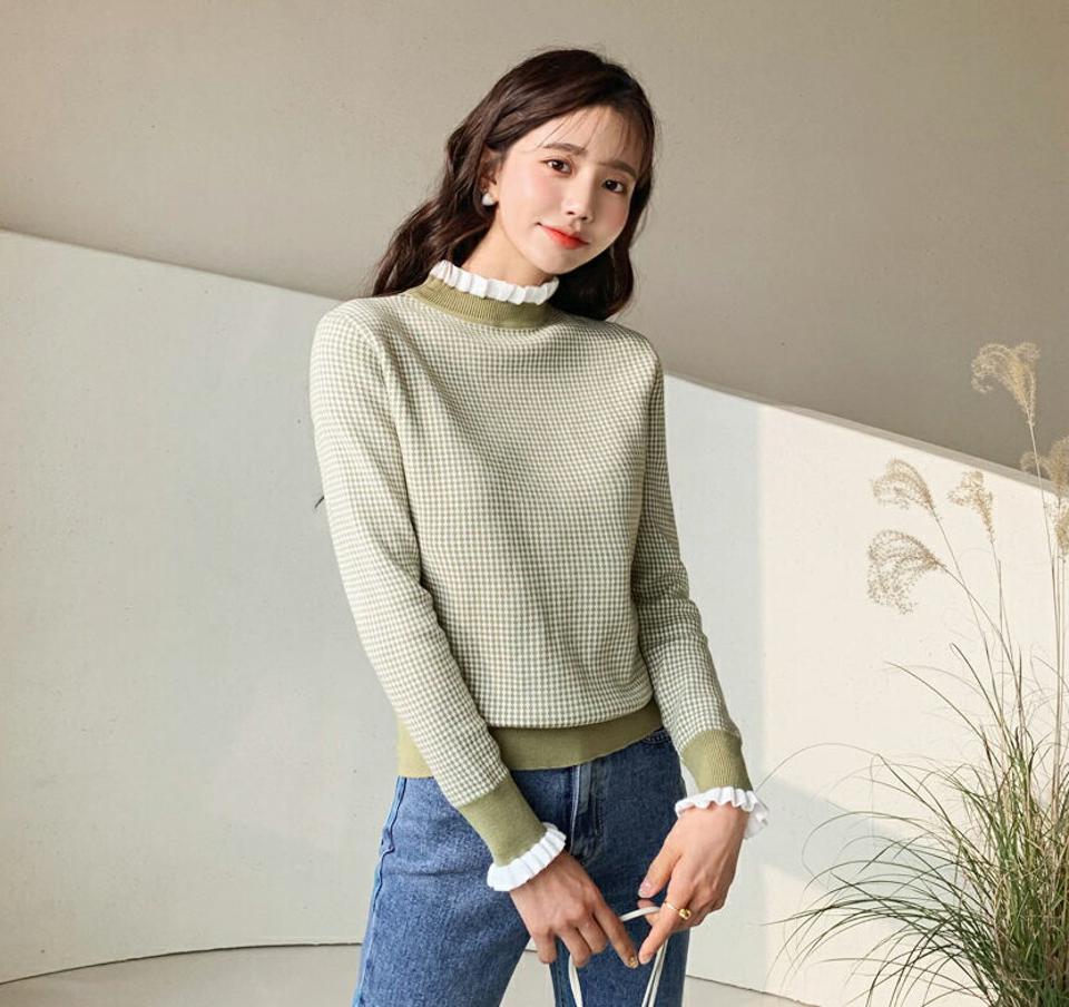 ≪人気商品再入荷≫パターンフリルニット・全4色・b56465 レディース 【tops】韓国ファッション トップス ニット ハーフネック モックネック フリルネック チェック柄 クラシック 大人 スリム プルオーバー カラーニット 黄緑 総柄 カジュアル 秋 冬