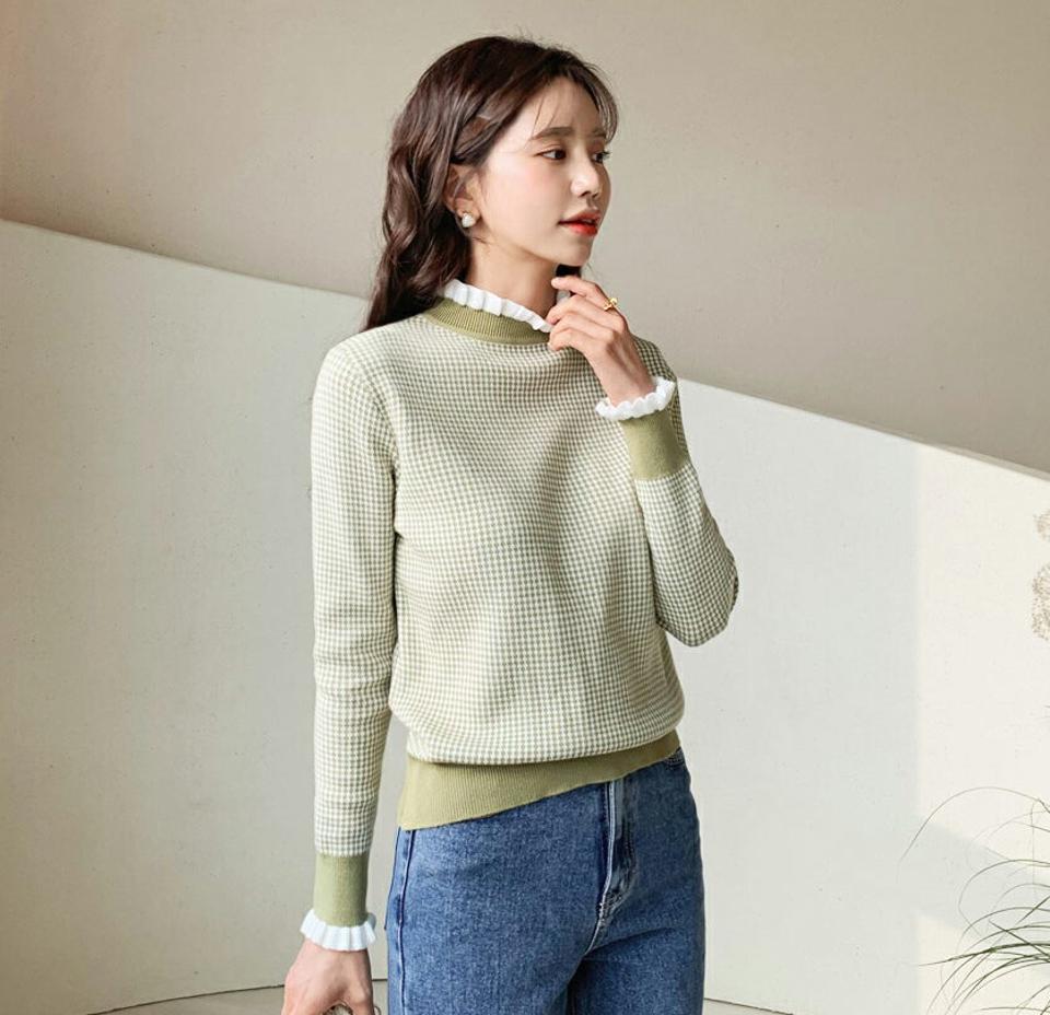 ≪人気商品再入荷≫パターンフリルニット・全4色・b56465 レディース 【tops】韓国ファッション トップス ニット ハーフネック モックネック フリルネック チェック柄 クラシック 大人 スリム プルオーバー カラーニット 黄緑 総柄 カジュアル 秋 冬