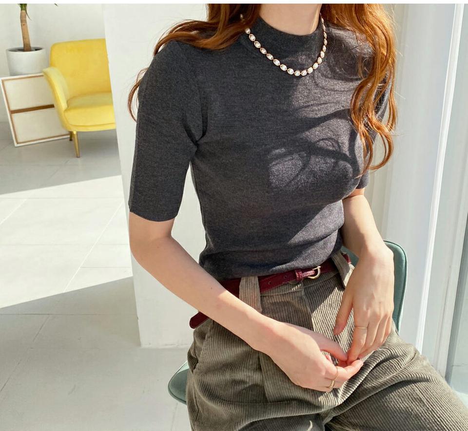 ハーフネック半袖ニット・全4色・b65755 レディース 【tops】【トップス ニット ニットトップス 半袖 ハーフネック 単色 無地 シンプル ベーシック カジュアル ラフ 春 秋 冬 韓国 ファッション】【ハイホリHIHOLLI】