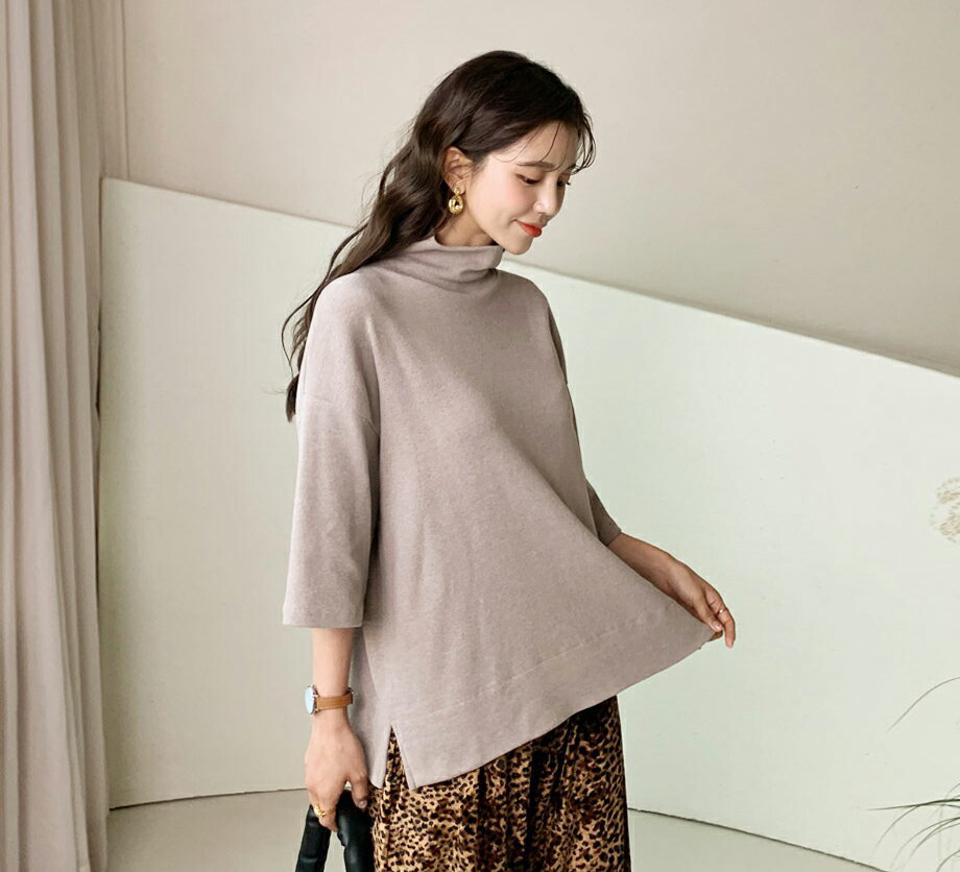 裏起毛タートルTシャツ・全4色・t56458 レディース 【tops】【韓国 ファッション トップス Tシャツ カットソー ハイネック 七分袖 七分丈 ルーズ ゆったり 体型カバー ドロップショルダー ロンT お尻カバー 無地 カジュアル 秋 冬】