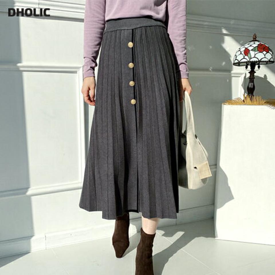 ボタンニットスカート・全2色・b65778 レディース 【sk】【スカート ロング ロングスカート ニット ニットスカート プリーツ プリーツスカート ウエストゴム 単色 シンプル シック 秋 冬 韓国 ファッション】【ハイホリHIHOLLI】