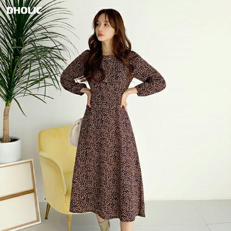 小花柄ワンピース・全2色・t65761 レディース 【ops】【ワンピース ロング ロングワンピース 長袖 花柄 小花柄 フラワー フェミニン 大人 可愛い かわいい 秋 冬 韓国 ファッション】【ハイホリHIHOLLI】