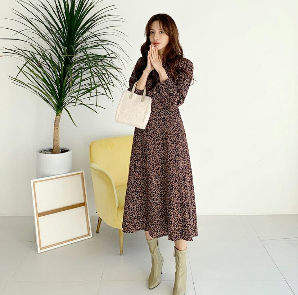 小花柄ワンピース・全2色・t65761 レディース 【ops】【ワンピース ロング ロングワンピース 長袖 花柄 小花柄 フラワー フェミニン 大人 可愛い かわいい 秋 冬 韓国 ファッション】【ハイホリHIHOLLI】