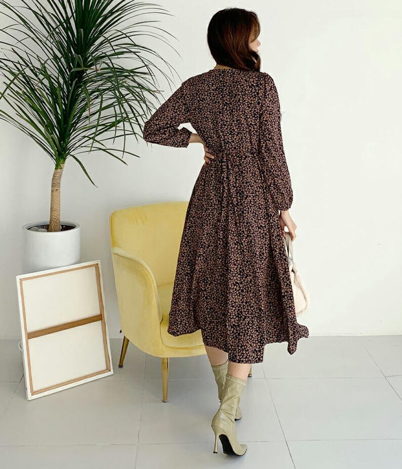 小花柄ワンピース・全2色・t65761 レディース 【ops】【ワンピース ロング ロングワンピース 長袖 花柄 小花柄 フラワー フェミニン 大人 可愛い かわいい 秋 冬 韓国 ファッション】【ハイホリHIHOLLI】