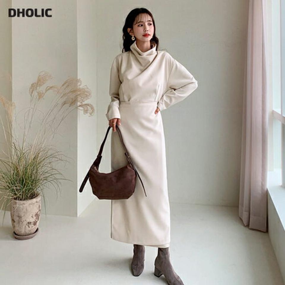 タートルネックワンピース・全2色・56476 レディース 【ops】【韓国 ファッション ワンピース ロング マキシ ハイネック 長袖 Hライン ラップワンピース 無地 ユニーク ルーズ 体型カバー カジュアル 秋 冬】