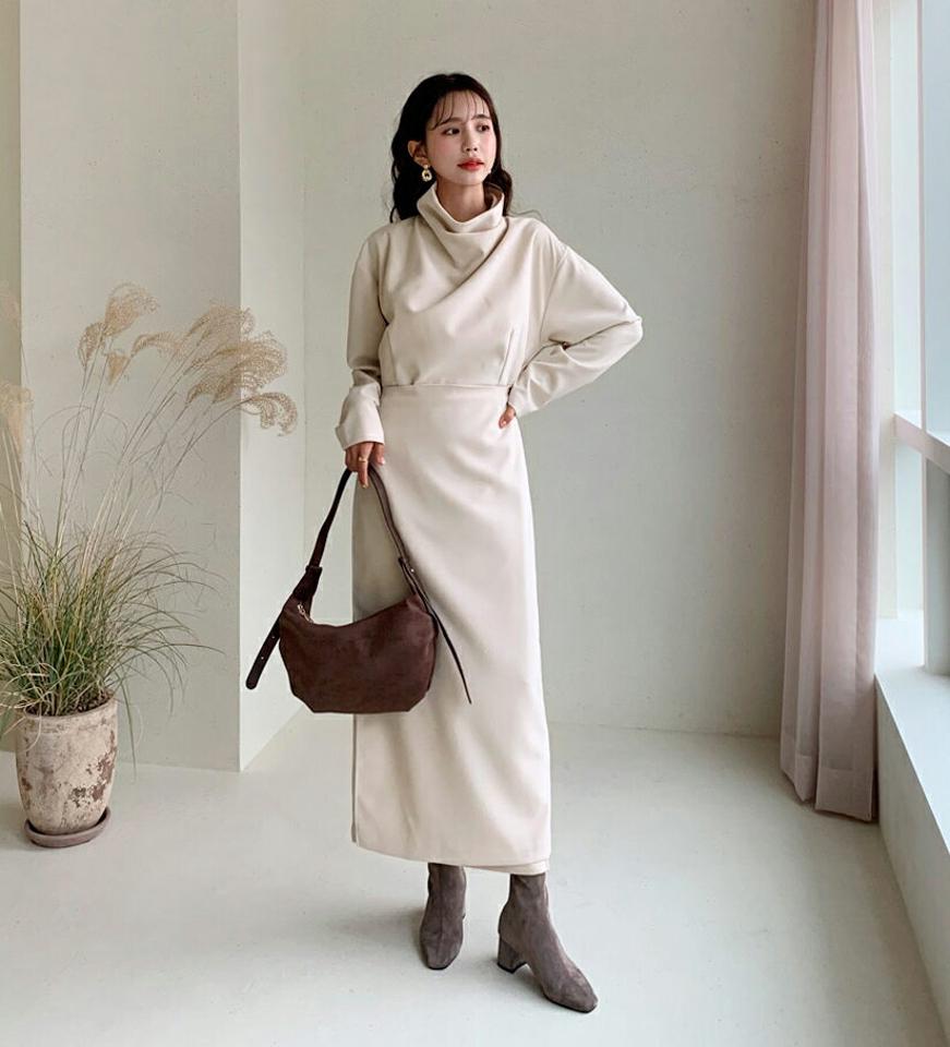 タートルネックワンピース・全2色・56476 レディース 【ops】【韓国 ファッション ワンピース ロング マキシ ハイネック 長袖 Hライン ラップワンピース 無地 ユニーク ルーズ 体型カバー カジュアル 秋 冬】