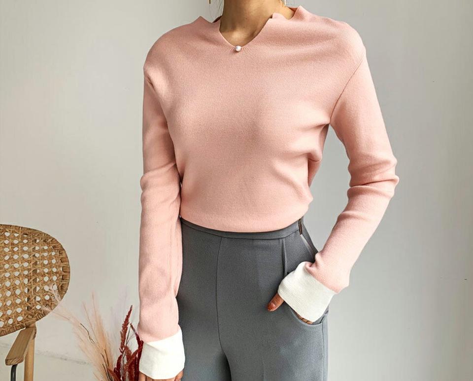 ネックスリットパールニット・全3色・b65756 レディース 【tops】【トップス ニット ニットトップス 長袖 パールボタン ハーフネック ネックスリット 上品 大人 きれいめ 秋 冬 韓国 ファッション】【ハイホリHIHOLLI】