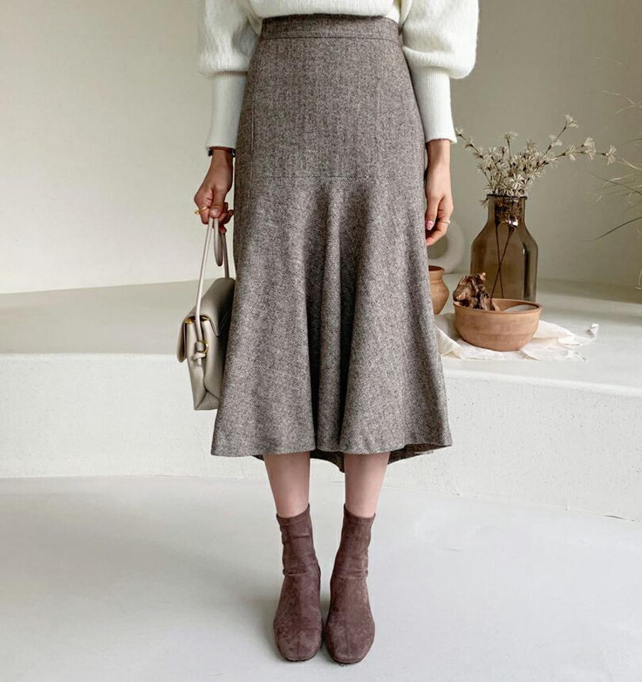ヘリンボーンフレアスカート・全2色・t56482 レディース 【sk】【韓国 ファッション ボトムス スカート ロング Aライン フレア ミモレ 無地 シンプル ウールブレンド ウール混 スリム 細身 カジュアル 秋 冬】