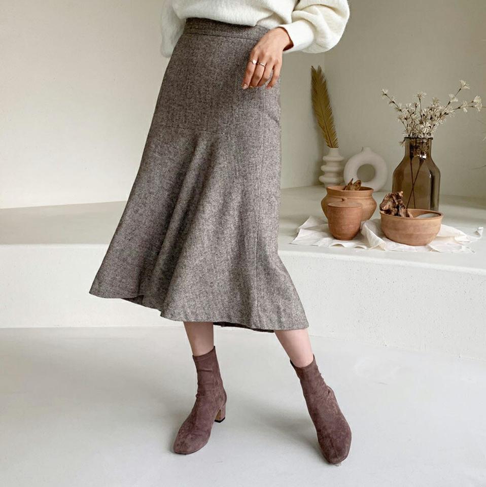 ヘリンボーンフレアスカート・全2色・t56482 レディース 【sk】【韓国 ファッション ボトムス スカート ロング Aライン フレア ミモレ 無地 シンプル ウールブレンド ウール混 スリム 細身 カジュアル 秋 冬】