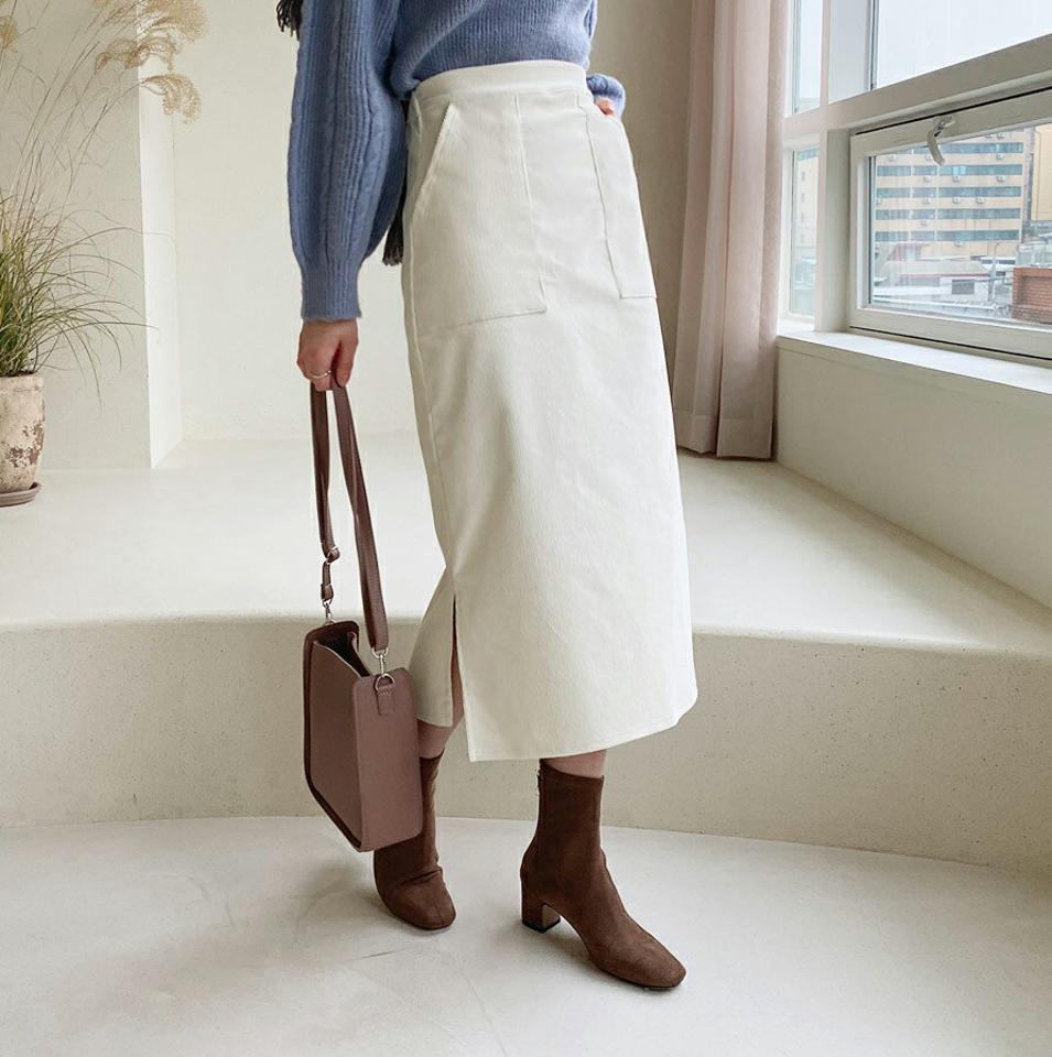 コーデュロイスリットスカート・全3色・t56484 レディース 【sk】【韓国 ファッション ボトムス ロング Hライン ミモレ スリム 細身 タイトスカート サイドスリット 無地 カジュアル 秋 冬】