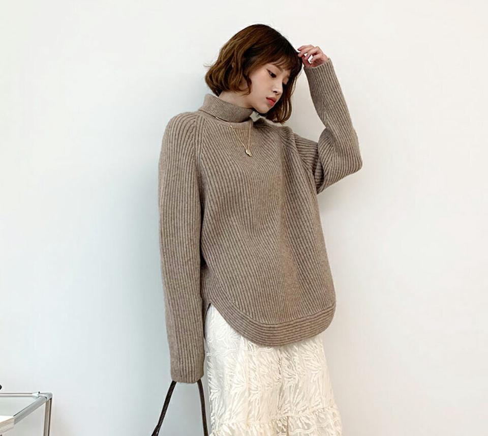 タートルラウンドヘムニット・全3色・b56468 レディース 【tops】【韓国 ファッション トップス ニット タートルネック ハイネック 長袖 リブニット 無地 ルーズ ゆったり 体型カバー ロング カジュアル 秋 冬】