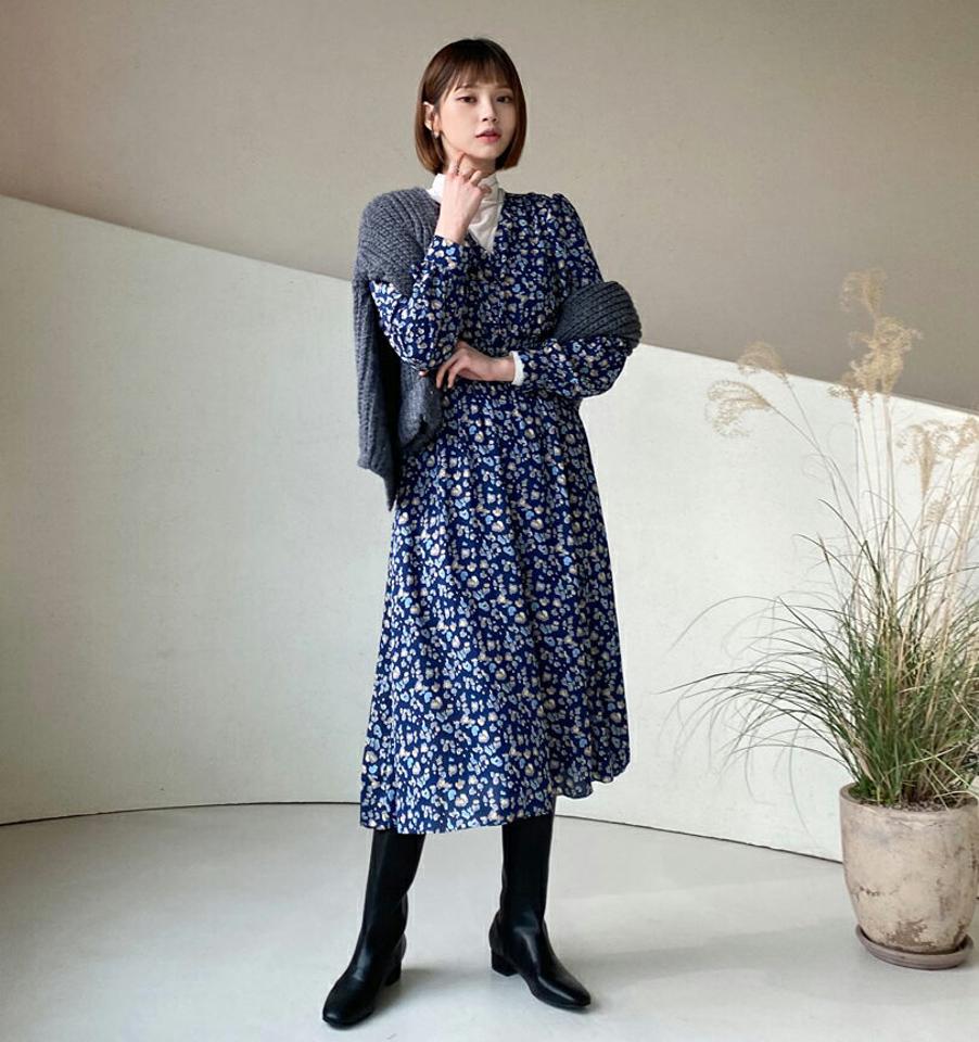 レオパードロングワンピース・全2色・b56477 レディース 【ops】【韓国 ファッション ワンピース ロング Vネック フレア Aライン 長袖 パターン 柄 ヒョウ柄 アニマル柄 カジュアル 秋 冬】