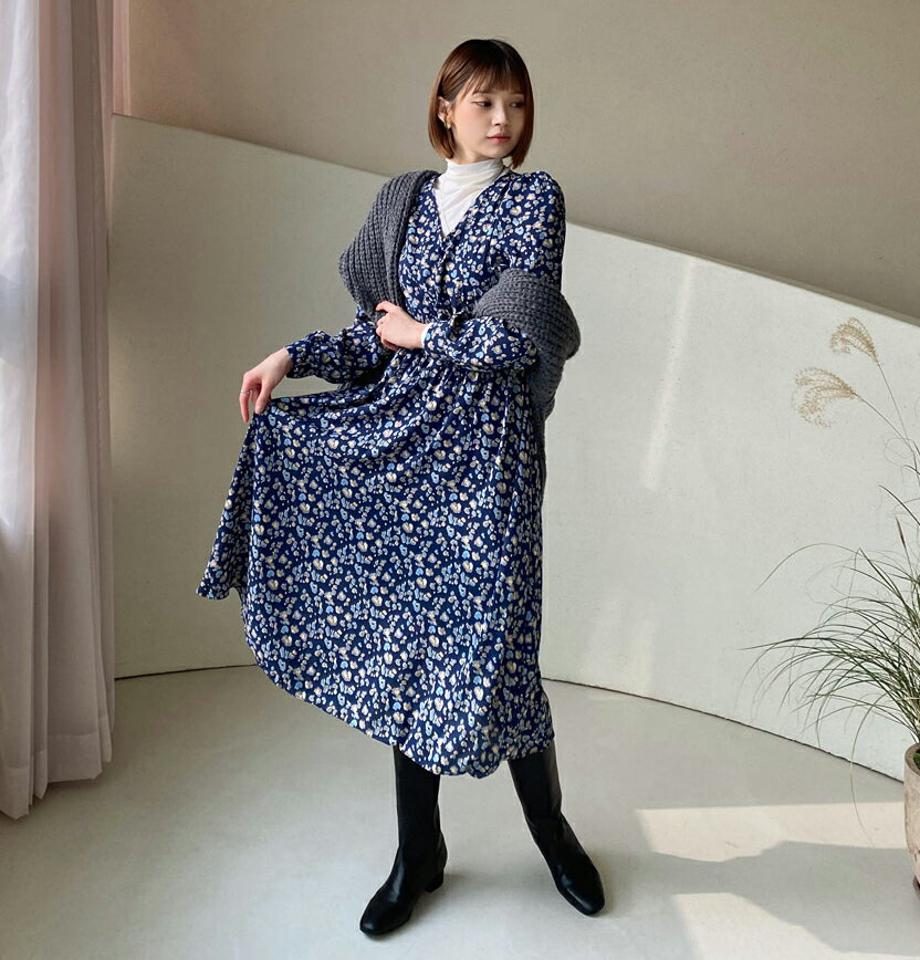 レオパードロングワンピース・全2色・b56477 レディース 【ops】【韓国 ファッション ワンピース ロング Vネック フレア Aライン 長袖 パターン 柄 ヒョウ柄 アニマル柄 カジュアル 秋 冬】