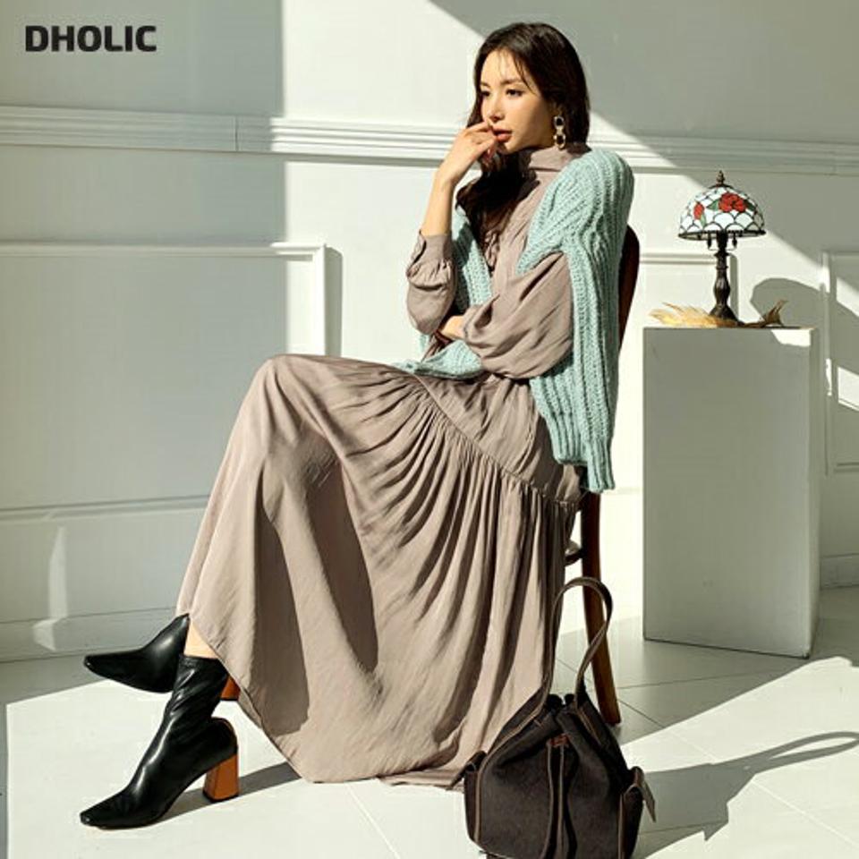 ギャザーロングワンピース・全2色・t65771 レディース 【ops】【ワンピース ロング ロングワンピース ギャザー 長袖 ハーフネック ナチュラル 単色 無地 シンプル 秋 冬 韓国 ファッション】【ハイホリHIHOLLI】