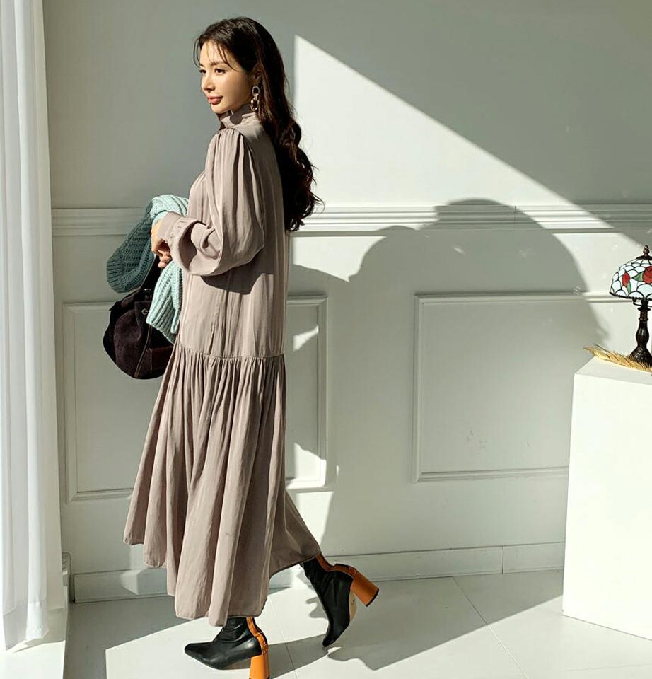 ギャザーロングワンピース・全2色・t65771 レディース 【ops】【ワンピース ロング ロングワンピース ギャザー 長袖 ハーフネック ナチュラル 単色 無地 シンプル 秋 冬 韓国 ファッション】【ハイホリHIHOLLI】