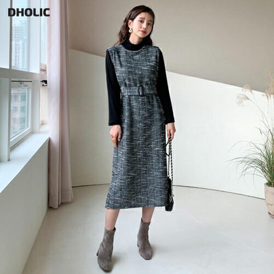 TシャツSETベルト付ツイードワンピース・全2色・b56491 レディース 【ops】【韓国 ファッション セット ワンピース ノースリーブ スリーブレス ロング Hライン コクーン Tシャツ カットソー ハーフネック 長袖 上品 エレガント 高見え カジュアル 秋 冬】